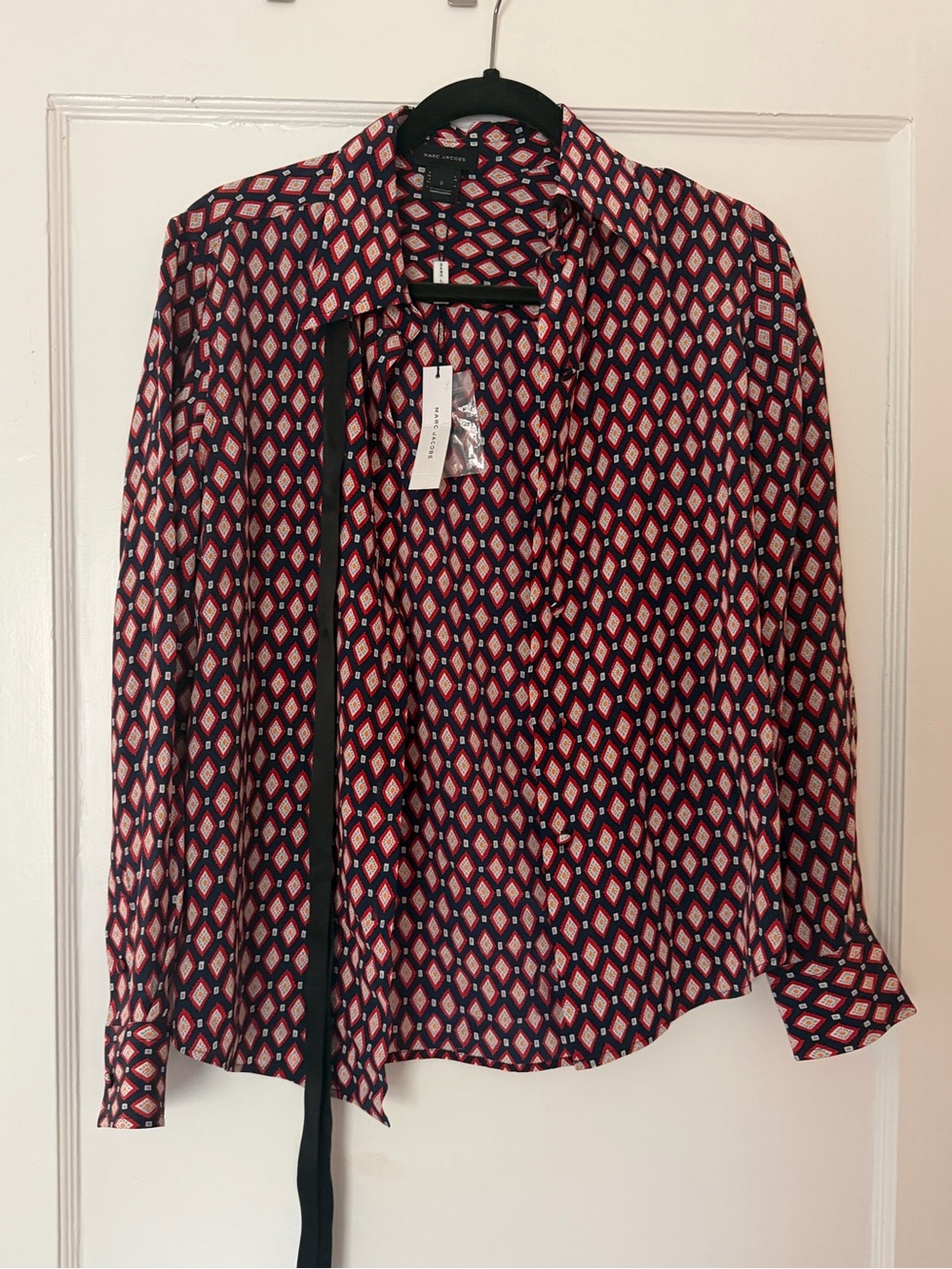 Marc Jacob’s Silk Western Tie-Neck Blouse in Navy and Red Medallion Print